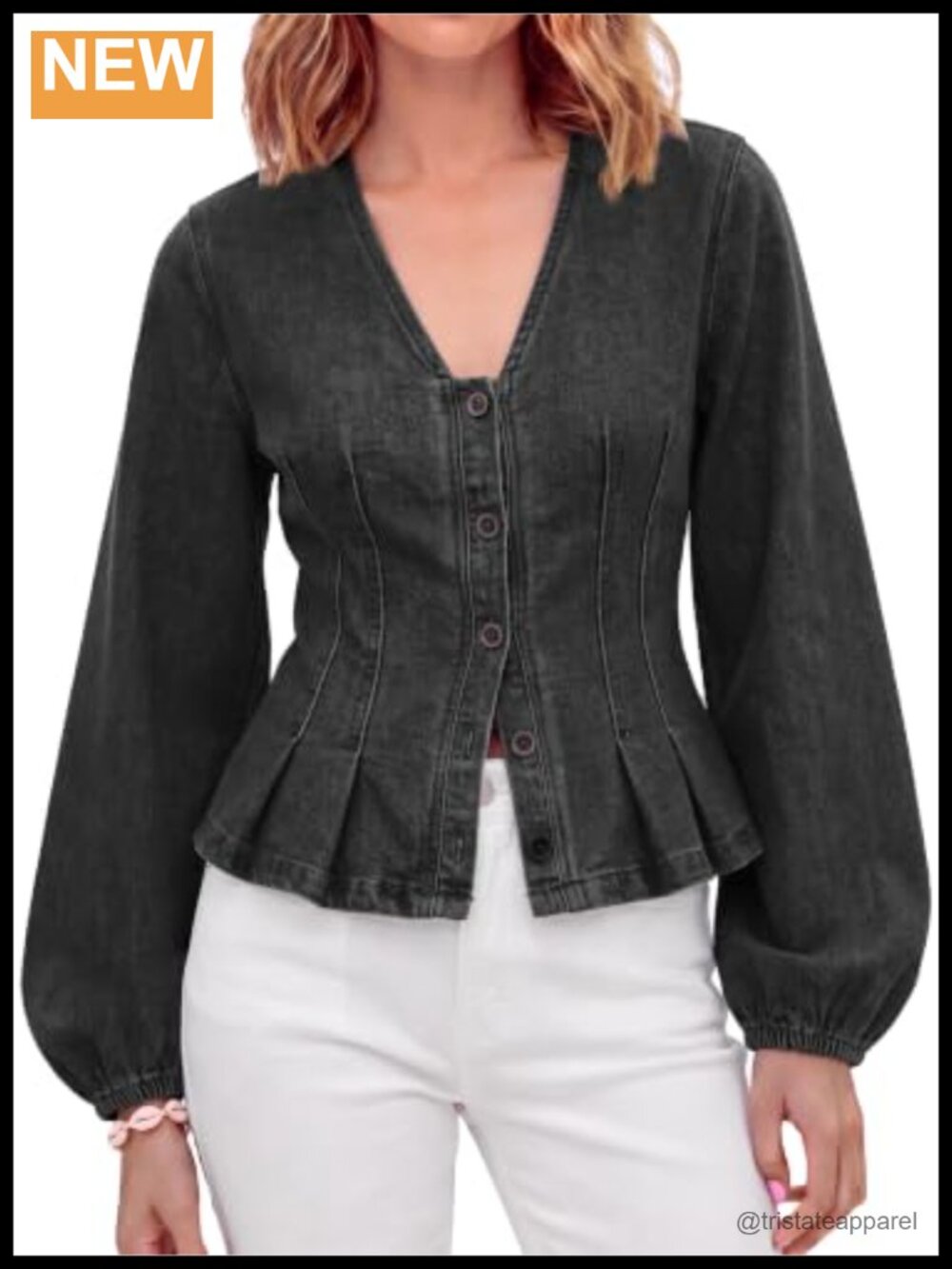 Fitted Denim Button Down Shirt - Puff Sleeve Peplum Top